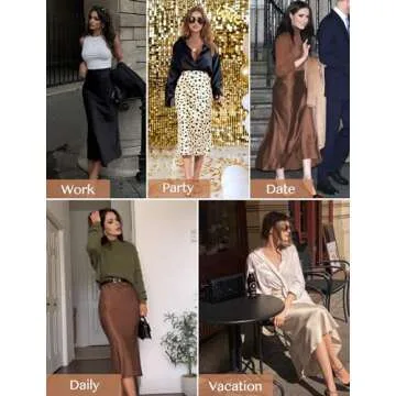 Satin Skirts for Women Trendy, High Waisted Womens Skirts Midi Long Length, Elegant Zipper Flared Elastic A-line Silk Skirts (Black, L)