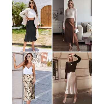 Satin Skirts for Women Trendy, High Waisted Womens Skirts Midi Long Length, Elegant Zipper Flared Elastic A-line Silk Skirts (Black, L)