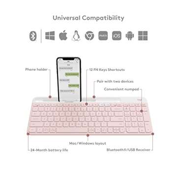 Logitech K585 Multi-Device Slim Wireless Keyboard, Built-in Cradle for Device; for Laptop, Tablet, Desktop, Smartphone, Win/Mac, Bluetooth/Receiver, Compact, Easy Switch, 24 Month Battery - Rose