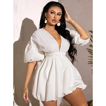 WDIRARA Women's Deep V Neck Puff Sleeve Flare Dress