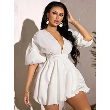 WDIRARA Women's Deep V Neck Puff Sleeve Flare Dress