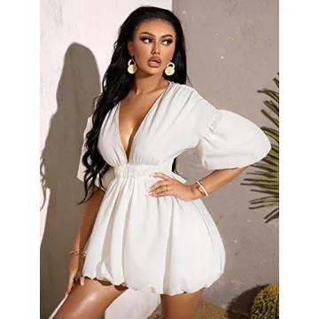 WDIRARA Women's Deep V Neck Puff Sleeve Flare Dress