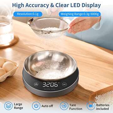 VOCOO Food Kitchen Scale Digital - 5KG/11lb Max Weight with 5 Units Grams Ounces Pounds, Clear LED Display and TARE Function, Food Scale for Cooking Baking Meat Weighing (Space Grey)