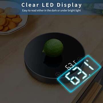 VOCOO Food Kitchen Scale Digital - 5KG/11lb Max Weight with 5 Units Grams Ounces Pounds, Clear LED Display and TARE Function, Food Scale for Cooking Baking Meat Weighing (Space Grey)