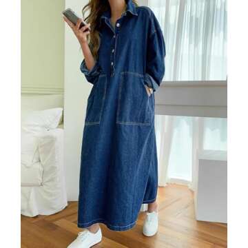 Jofemuho Women's Spring Fall Long Sleeve Denim Maxi Shirt Dress with Split