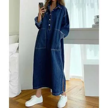 Jofemuho Women's Trendy Denim Maxi Shirt Dress with Split