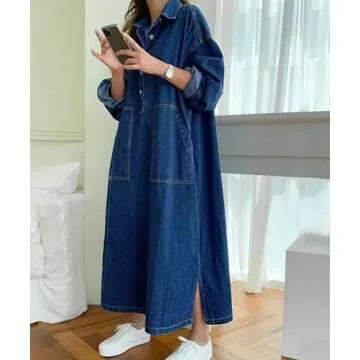 Jofemuho Women's Trendy Denim Maxi Shirt Dress with Split