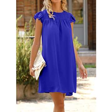 KIRUNDO Women Summer Shift Dress 2025 Casual Ruffle Cap Sleeve Smocked Crew Neck Loose Flowy Chiffon Mini Tunic Dresses(Royal Blue, X-Large)