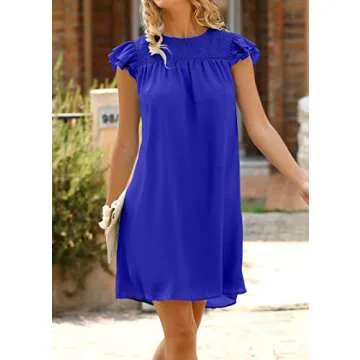 KIRUNDO Women Summer Shift Dress 2025 Casual Ruffle Cap Sleeve Smocked Crew Neck Loose Flowy Chiffon Mini Tunic Dresses(Royal Blue, X-Large)