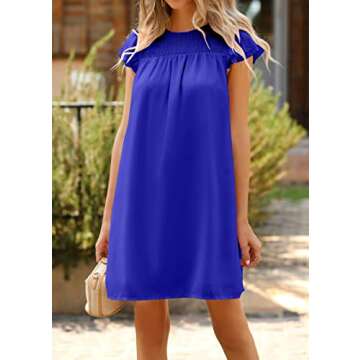 KIRUNDO Women Summer Shift Dress 2025 Casual Ruffle Cap Sleeve Smocked Crew Neck Loose Flowy Chiffon Mini Tunic Dresses(Royal Blue, X-Large)