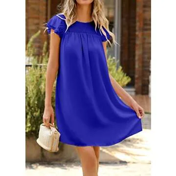 KIRUNDO Women Summer Shift Dress 2025 Casual Ruffle Cap Sleeve Smocked Crew Neck Loose Flowy Chiffon Mini Tunic Dresses(Royal Blue, X-Large)
