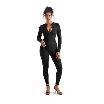 SUUKSESS Women Long Sleeve Ribbed Jumpsuit Sexy Zip up Front Workout One Piece Bodycon Jumpsuit Romper (Black, L)