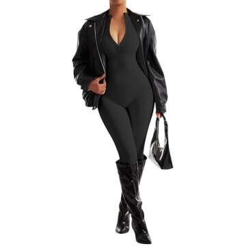 SUUKSESS Women Long Sleeve Ribbed Jumpsuit Sexy Zip up Front Workout One Piece Bodycon Jumpsuit Romper (Black, L)
