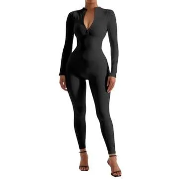SUUKSESS Women Long Sleeve Ribbed Jumpsuit Sexy Zip up Front Workout One Piece Bodycon Jumpsuit Romper (Black, L)