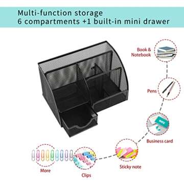 Beiz Desk Organizer Caddy and Accessories Holder with Storage Drawer + 6 Compartments, Pen Organizer w/Sticky Note Tray, Desk Essential to Collect Desk Supplies for Office Home Dorm Room, Black