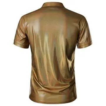 PARKLEES Mens Shiny Metallic Gold Sequins Short Sleeve Polo Shirt for 70s Disco Nightclub Party US-PPPH86-Multi Gold Small