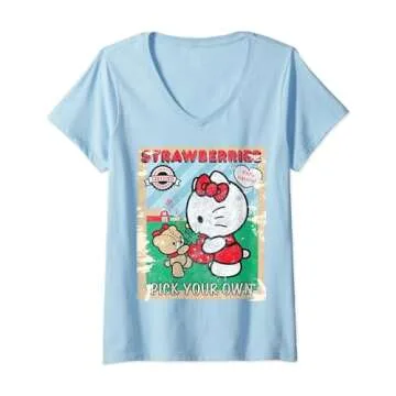 Womens Hello Kitty Strawberry Picking Farm V-Neck T-Shirt