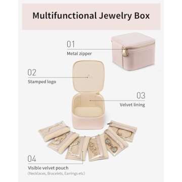 Vlando Jewelry Box with 6 Velvet Jewelry Bags Travel Jewelry Storage Box for Women Girl Jewelry Organizer Necklace Rings Earrings Bags Wedding Gifts Christmas Gifts for Women(Pink)