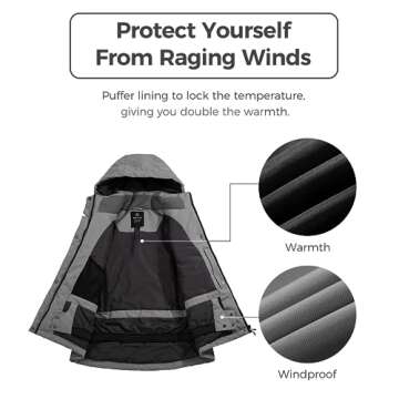 wantdo Women's Winter Waterproof Ski Windbreaker Hooded Raincoat Dark Gray & White M