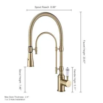 KunMai Kitchen Faucets Brushed Gold Kitchen Sink Faucet with Pull Down Sprayer High Arc Dual-Mode Ki...