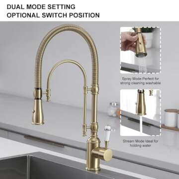 KunMai Kitchen Faucets Brushed Gold Kitchen Sink Faucet with Pull Down Sprayer High Arc Dual-Mode Kitchen Faucet