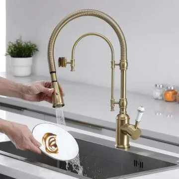 KunMai Kitchen Faucets Brushed Gold Kitchen Sink Faucet with Pull Down Sprayer High Arc Dual-Mode Kitchen Faucet