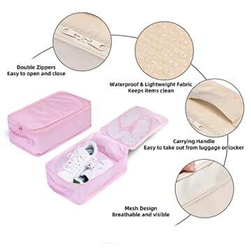 Travel Shoe Bags, Foldable Waterproof Shoe Pouches Organizer-Double Layer (4 Pink Shoe Bags)