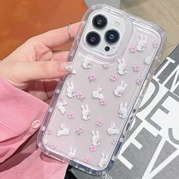 Casechics Compatible with iPhone Case,Cute Kawaii Lovely Rabbit Bunny Flower Floral Clear Camera Lens Protection Silicone Transparent Soft Shockproof Cover Phone Case (White,iPhone 14 Pro Max)