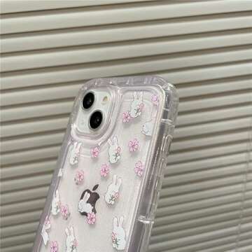 Casechics Compatible with iPhone Case,Cute Kawaii Lovely Rabbit Bunny Flower Floral Clear Camera Lens Protection Silicone Transparent Soft Shockproof Cover Phone Case (White,iPhone 14 Pro Max)