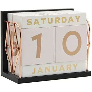 YOFIT Vintage Wooden Block Perpetual Calendar Desk Accessory Shabby Rustic Chic Number, Golden