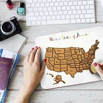 Travel Size USA Scratch Off Map - Play The License Plate Game for Kids During Car Ride Vacations & Travel - No-Bend Card Stock - Track The US 50 States - Safe Rounded Corners