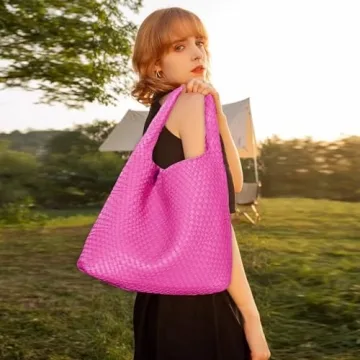 Chic Rose Red Vegan Leather Hand-Woven Tote Handbag