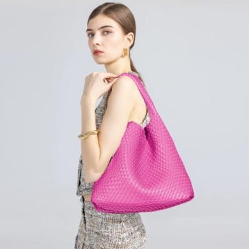 Chic Rose Red Vegan Leather Hand-Woven Tote Handbag