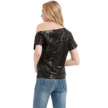 Anna-Kaci Womens Short Sleeve One Shoulder Sparkly Glitter Sequin Top Shirt Blouse, Black, X-Large