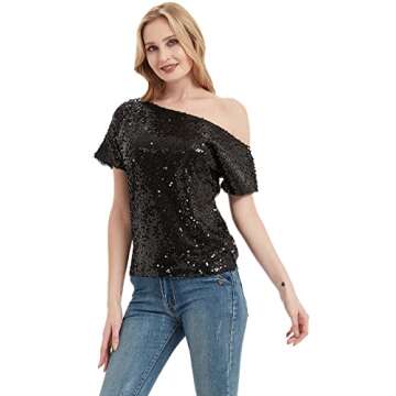 Anna-Kaci Womens Short Sleeve One Shoulder Sparkly Glitter Sequin Top Shirt Blouse, Black, X-Large