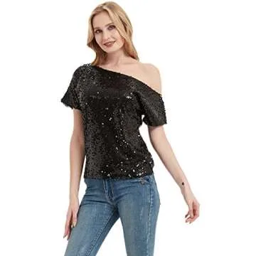 Anna-Kaci Womens Short Sleeve One Shoulder Sparkly Glitter Sequin Top Shirt Blouse, Black, X-Large