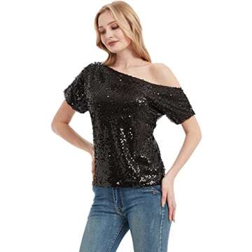 Anna-Kaci Womens Short Sleeve One Shoulder Sparkly Glitter Sequin Top Shirt Blouse, Black, X-Large