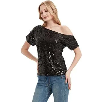 Anna-Kaci Womens Short Sleeve One Shoulder Sparkly Glitter Sequin Top Shirt Blouse, Black, X-Large