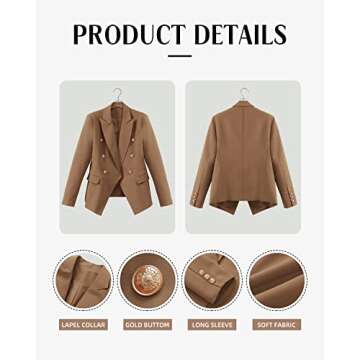 CRAZY GRID Womens Double Breasted Blazer Jackets Open Front Business Casual Suit Jacket Long Sleeve Dressy Blazer Lapel Gold Button Ladies Work Office Blazer Khaki Large