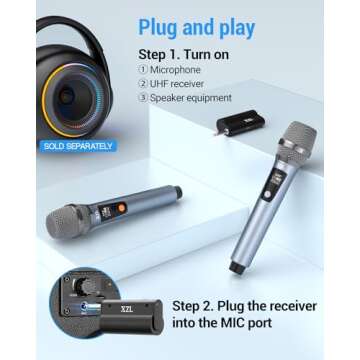 XZL UHF Wireless Microphone, Rechargeable Two Cordless Microphones with 1/4” Receiver, Adjustable Frequency & Volume, Plug and Play for Karaoke Singing, Lecture, Wedding Host, Church, PA System