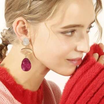 Fashion Rhinestone Shell Drop Dangle Earrings Statement Crystal Geometry Dangling Earrings Rectangle Teardrop Chandelier Earrings for Women Prom Pageant (Rose Red)