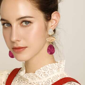 Fashion Rhinestone Shell Drop Dangle Earrings Statement Crystal Geometry Dangling Earrings Rectangle Teardrop Chandelier Earrings for Women Prom Pageant (Rose Red)
