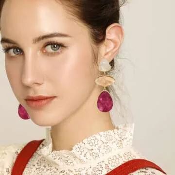 Fashion Rhinestone Shell Drop Dangle Earrings Statement Crystal Geometry Dangling Earrings Rectangle Teardrop Chandelier Earrings for Women Prom Pageant (Rose Red)