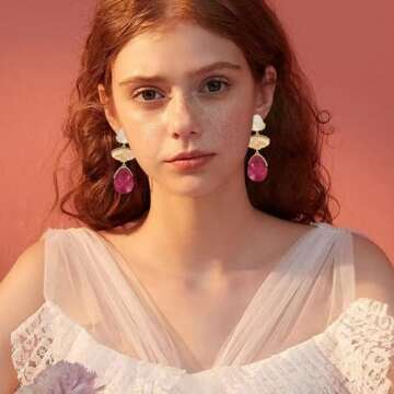 Fashion Rhinestone Shell Drop Dangle Earrings Statement Crystal Geometry Dangling Earrings Rectangle Teardrop Chandelier Earrings for Women Prom Pageant (Rose Red)