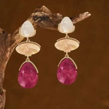 Fashion Rhinestone Shell Drop Dangle Earrings Statement Crystal Geometry Dangling Earrings Rectangle Teardrop Chandelier Earrings for Women Prom Pageant (Rose Red)