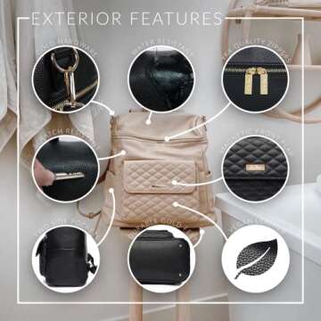 Monaco Large Backpack by Luli Bebe - Designer Modern Vegan Leather Stylish Baby Diaper Bag for Mom, Multipurpose, Roomy, with Changing Pad (Ebony Black)