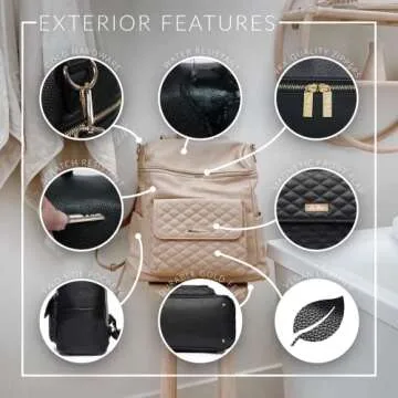 Monaco Large Backpack by Luli Bebe - Designer Modern Vegan Leather Stylish Baby Diaper Bag for Mom, Multipurpose, Roomy, with Changing Pad (Ebony Black)