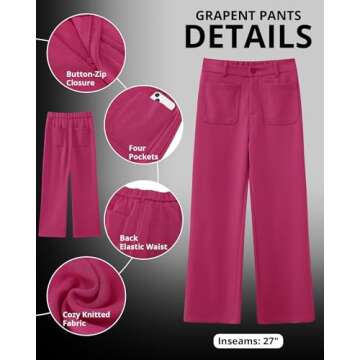 GRAPENT Hot Pink Wide Leg Pants for Women Women Business Casual Outfits Tapered Trousers Women Fall Pants for Women Dress Pants Women High Waisted Pantalones Hot Pink Size Large US Size 12 to Size 14
