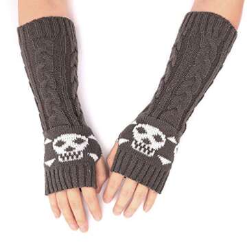 F Flammi Arm Warmers Goth Knitted Fingerless Gloves Punk Skull Hand Warmers for Cosplay Typing Drivi...