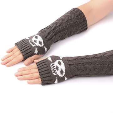 F Flammi Arm Warmers Goth Knitted Fingerless Gloves Punk Skull Hand Warmers for Cosplay Typing Driving
